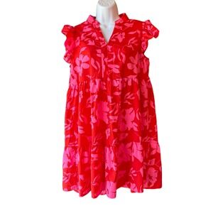SHEIN Red Pink Floral Tiered‎ Ruffle Sleeve Dress Medium Resortcore